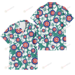 Chicago Cubs White Hibiscus Turquoise Stripe Background 3D Hawaiian Shirt