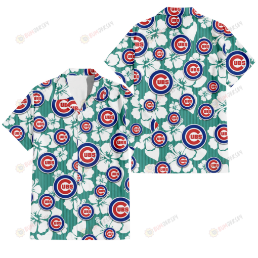 Chicago Cubs White Hibiscus Turquoise Stripe Background 3D Hawaiian Shirt