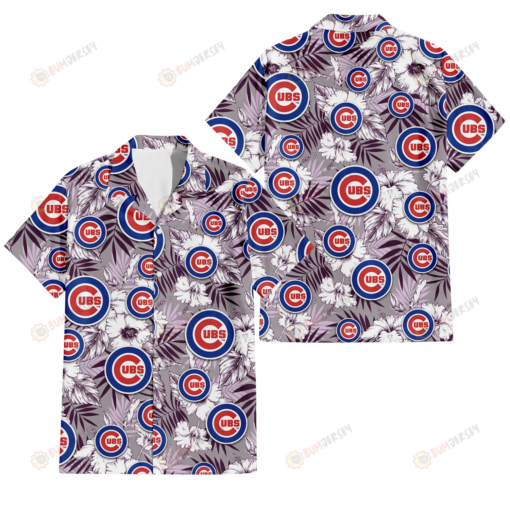 Chicago Cubs White Hibiscus Violet Leaves Light Grey Background 3D Hawaiian Shirt
