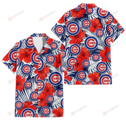 Chicago Cubs White Tropical Leaf Red Hibiscus Navy Background 3D Hawaiian Shirt
