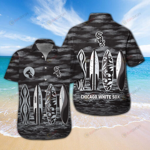 Chicago White Sox Baseball Logo Pattern Curved Hawaiian Shirt In Black