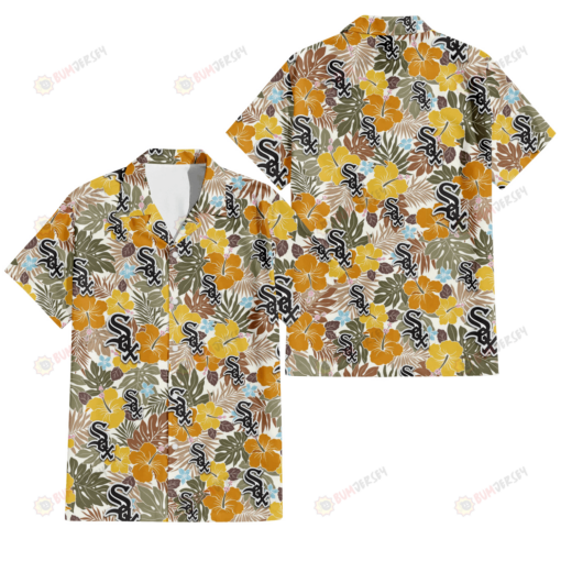 Chicago White Sox Brown Yellow Hibiscus White Background 3D Hawaiian Shirt