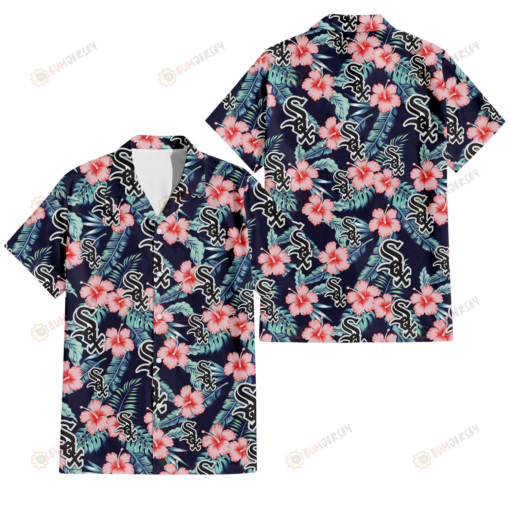 Chicago White Sox Coral Hibiscus Green Banana Leaf Black Background 3D Hawaiian Shirt