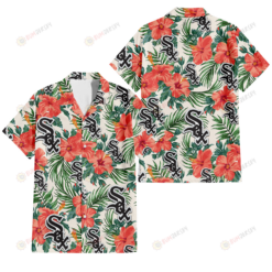 Chicago White Sox Coral Hibiscus Green Leaf Beige Background 3D Hawaiian Shirt