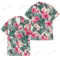 Chicago White Sox Coral Pink Hibiscus Green Leaf Beige Background 3D Hawaiian Shirt