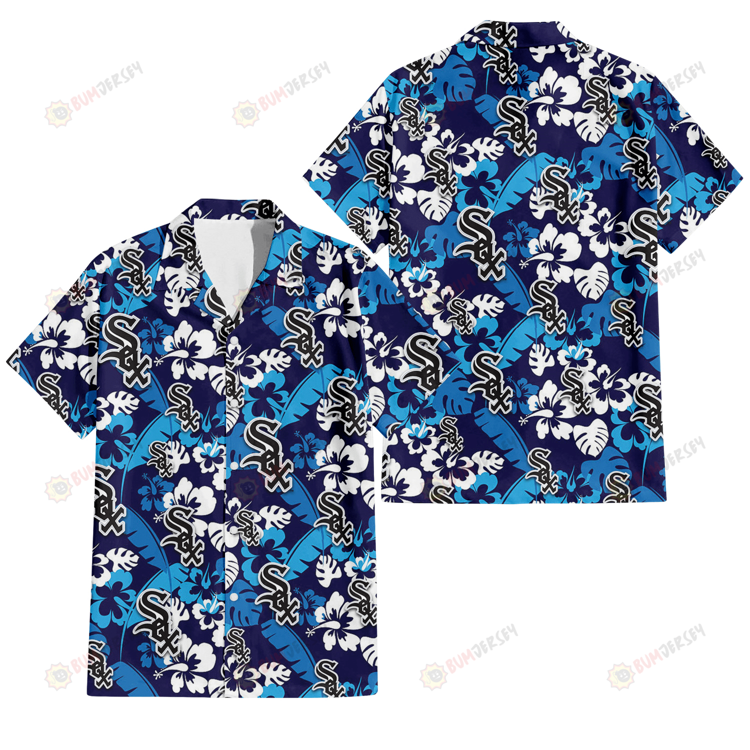 Chicago White Sox Light Blue Hibiscus Banana Leaf Navy Background 3D Hawaiian Shirt