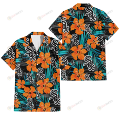 Chicago White Sox Orange Hibiscus Blue Gray Leaf Black Background 3D Hawaiian Shirt