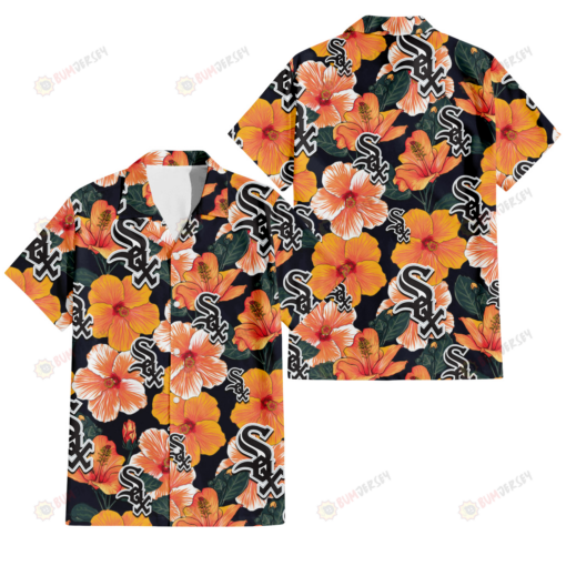 Chicago White Sox Orange Hibiscus Dark Green Leaf Black Background 3D Hawaiian Shirt