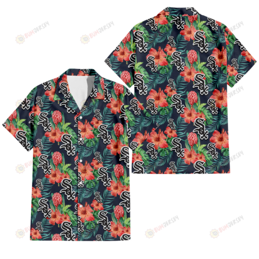 Chicago White Sox Orange Hibiscus Green Tropical Leaf Dark Background 3D Hawaiian Shirt