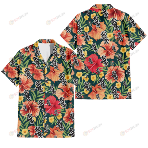 Chicago White Sox Orange Red Hibiscus Green Leaf Dark Background 3D Hawaiian Shirt