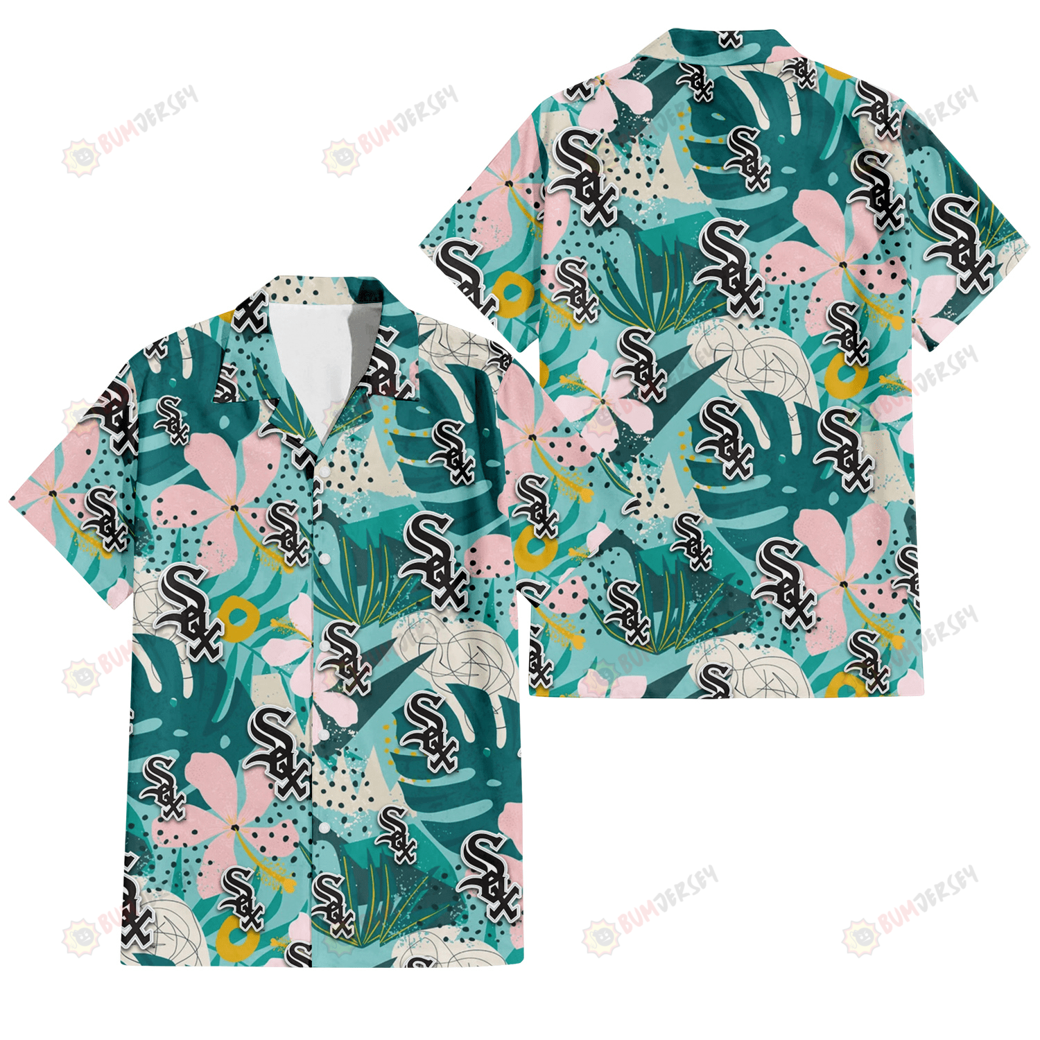 Chicago White Sox Pastel Hibiscus Palm Leaf Tiny Dot Green Background 3D Hawaiian Shirt