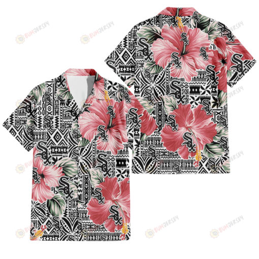 Chicago White Sox Pink Hibiscus Black Pattern White Background 3D Hawaiian Shirt