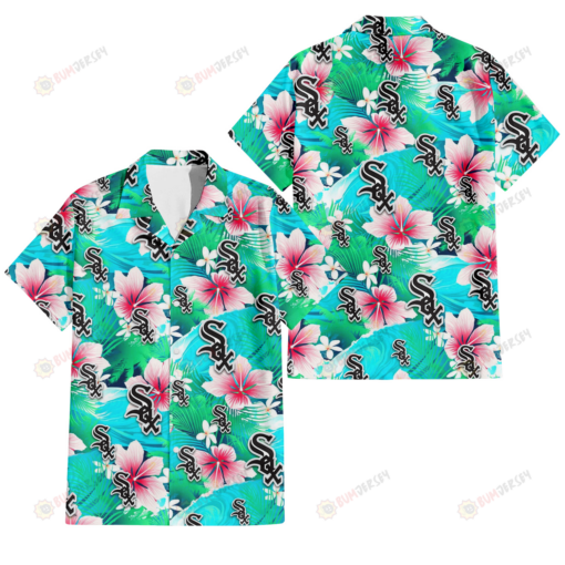 Chicago White Sox Pink Hibiscus Green Leaf Blue Background 3D Hawaiian Shirt
