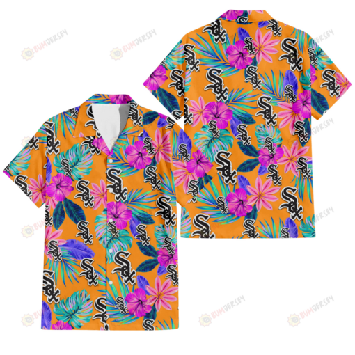 Chicago White Sox Purple Hibiscus Neon Leaf Orange Background 3D Hawaiian Shirt