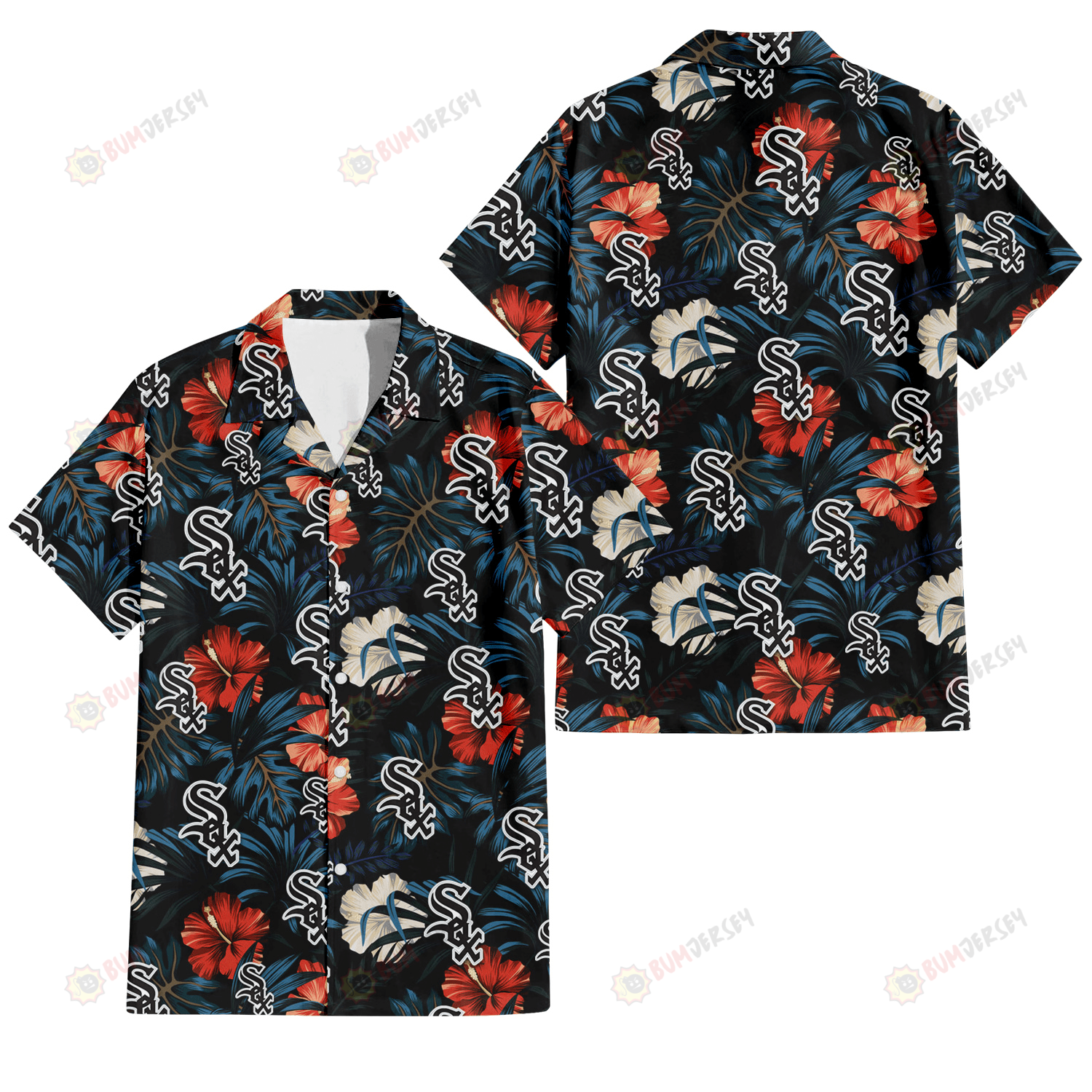 Chicago White Sox Red And White Hibiscus Dark Leaf Black Background 3D Hawaiian Shirt