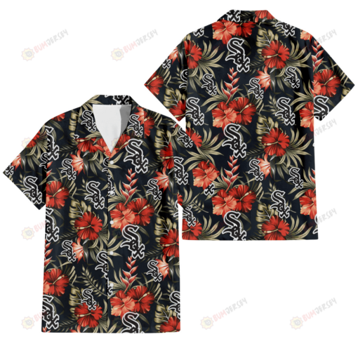 Chicago White Sox Red Hibiscus Green Leaf Dark Background 3D Hawaiian Shirt