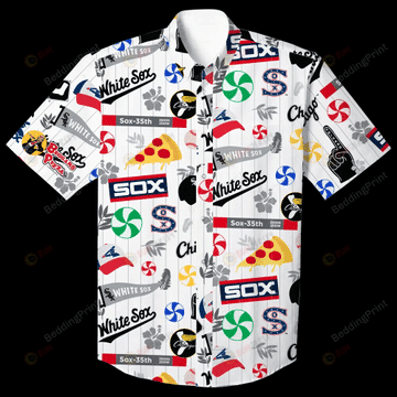 Chicago White Sox Stickers Pattern Curved Hawaiian Shirt In White & Colorful