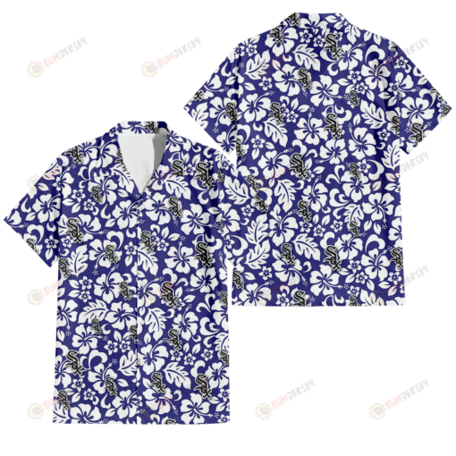 Chicago White Sox White Hibiscus Pattern Slate Blue Background 3D Hawaiian Shirt