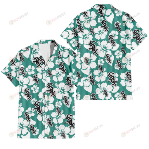 Chicago White Sox White Hibiscus Turquoise Stripe Background 3D Hawaiian Shirt