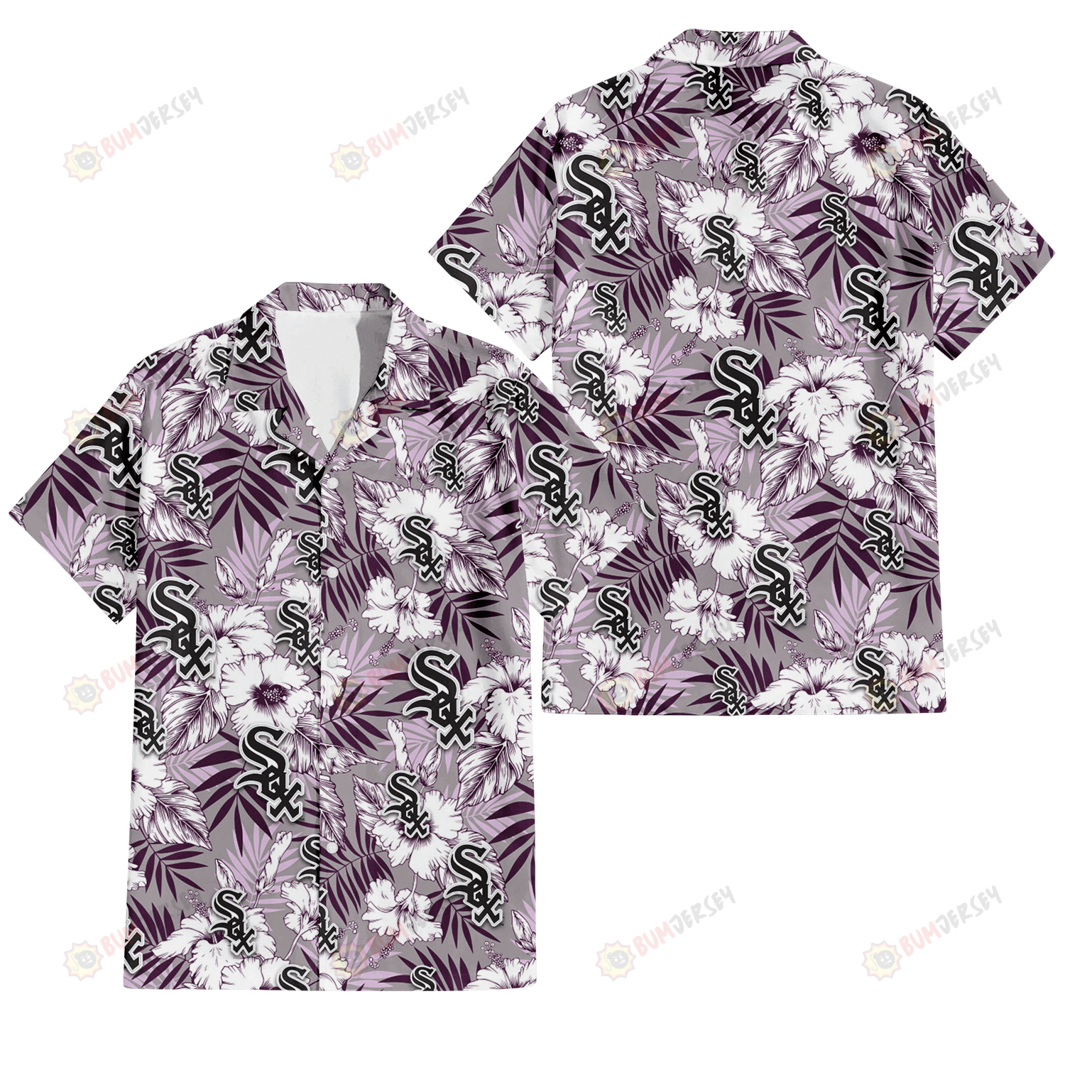 Chicago White Sox White Hibiscus Violet Leaves Light Grey Background 3D Hawaiian Shirt