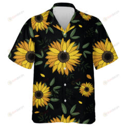 Childish Hand Drawn Sunflowers With Green Leaves On Black Background Hawaiian Shirt