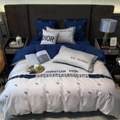 Christian Dior Logo Long-Staple Cotton Bedding Set In White/Navy