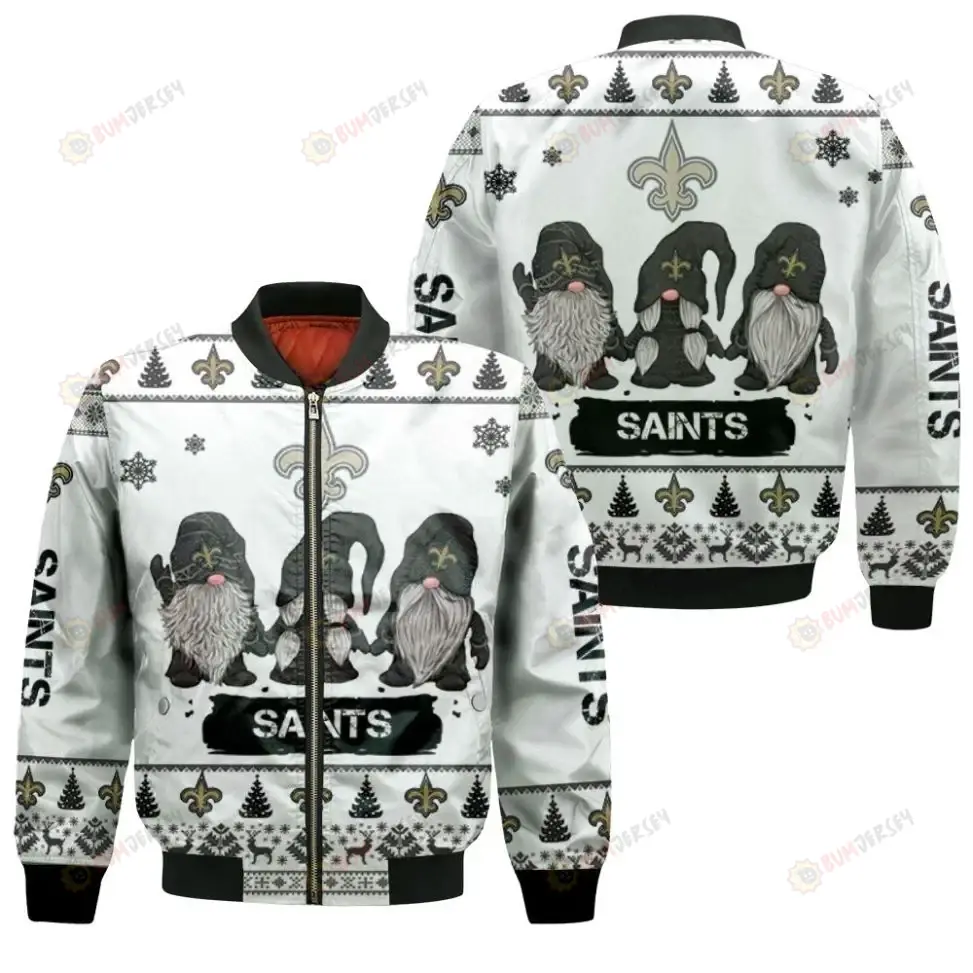 Christmas Gnomes New Orleans Saints Ugly Pattern Bomber Jacket - White