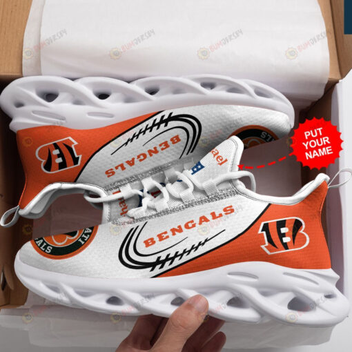 Cincinnati Bengals Logo Pattern Custom Name 3D Max Soul Sneaker Shoes In White And Orange