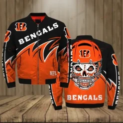 Cincinnati Bengals With Skull Pattern Bomber Jacket - Black And Orange