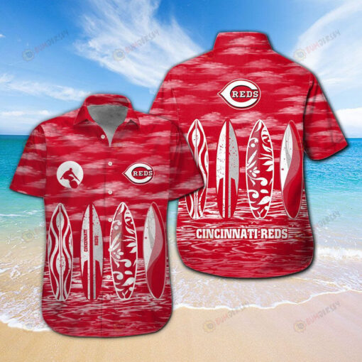 Cincinnati Reds Baseball Logo Pattern Curved Hawaiian Shirt In Red