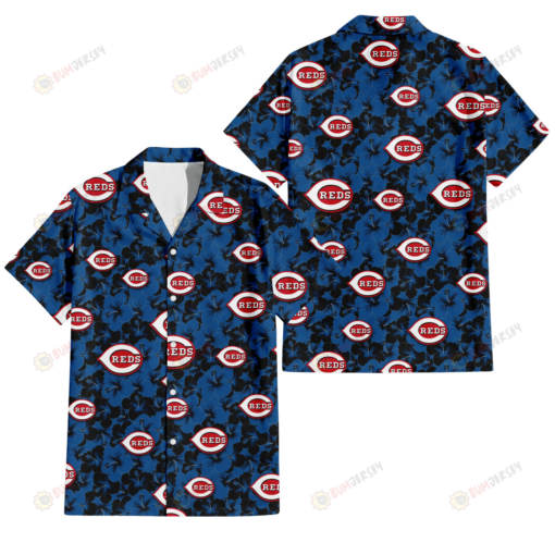 Cincinnati Reds Black Dark Blue Hibiscus Black Background 3D Hawaiian Shirt