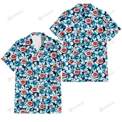 Cincinnati Reds Blue Line White Hibiscus Black Background 3D Hawaiian Shirt