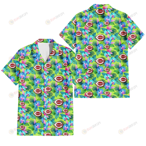 Cincinnati Reds Blue Orchid Green Pink Leaf Green Background 3D Hawaiian Shirt