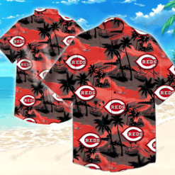 Cincinnati Reds Coconut Tree Pattern Curved Hawaiian Shirt In Red & Black