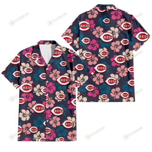 Cincinnati Reds Colorful Hibiscus Black Background 3D Hawaiian Shirt