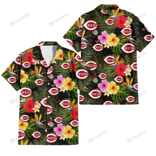 Cincinnati Reds Colorful Hibiscus Green Leaf Back Background 3D Hawaiian Shirt