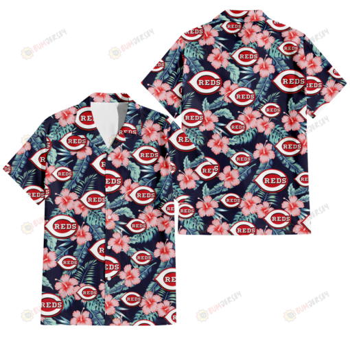 Cincinnati Reds Coral Hibiscus Green Banana Leaf Black Background 3D Hawaiian Shirt