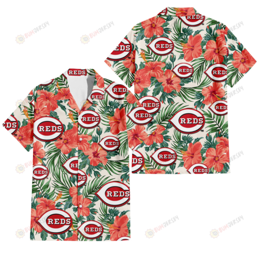 Cincinnati Reds Coral Hibiscus Green Leaf Beige Background 3D Hawaiian Shirt