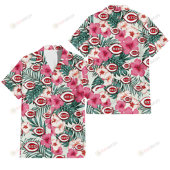Cincinnati Reds Coral Pink Hibiscus Green Leaf Beige Background 3D Hawaiian Shirt