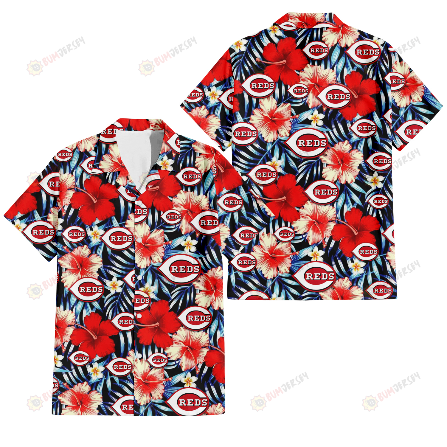 Cincinnati Reds Coral Red Hibiscus Blue Palm Leaf Black Background 3D Hawaiian Shirt