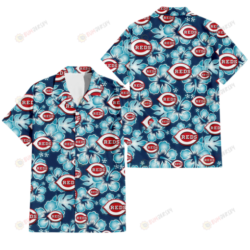 Cincinnati Reds Dark Turquoise Hibiscus Navy Background 3D Hawaiian Shirt