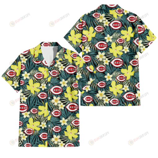 Cincinnati Reds Hibiscus Green Palm Leaf Black Background 3D Hawaiian Shirt