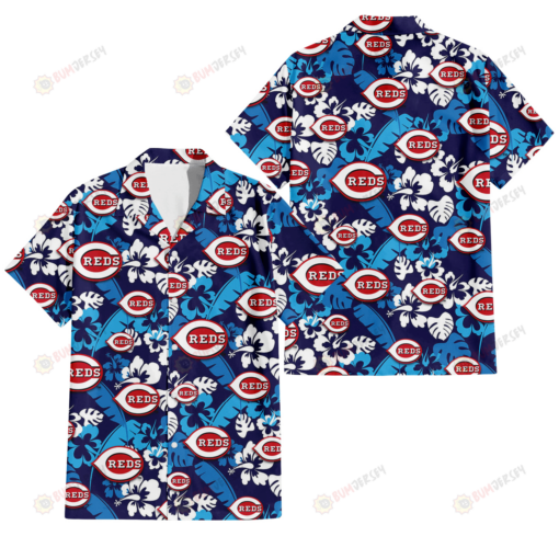 Cincinnati Reds Light Blue Hibiscus Banana Leaf Navy Background 3D Hawaiian Shirt