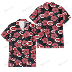 Cincinnati Reds Light Coral Hibiscus Gray Leaf Black Background 3D Hawaiian Shirt