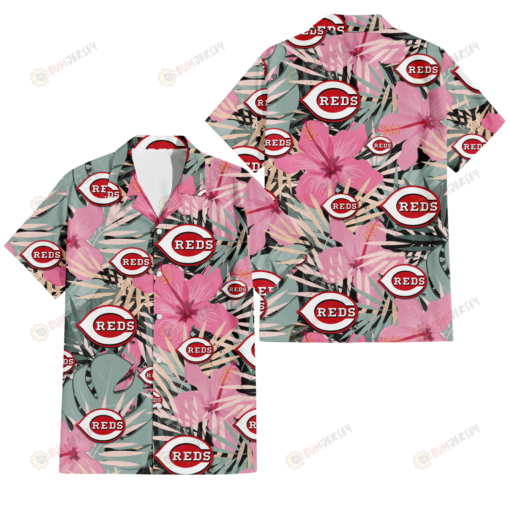 Cincinnati Reds Light Pink Hibiscus Pale Green Leaf Black Background 3D Hawaiian Shirt