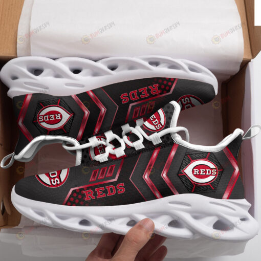 Cincinnati Reds Logo Pattern Custom Name 3D Max Soul Sneaker Shoes In Black