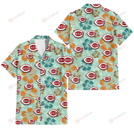 Cincinnati Reds Orange Green Hibiscus Pale Green Background 3D Hawaiian Shirt