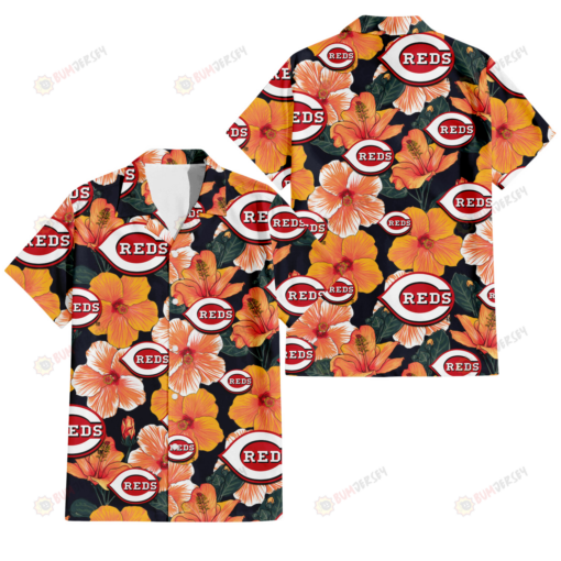 Cincinnati Reds Orange Hibiscus Dark Green Leaf Black Background 3D Hawaiian Shirt