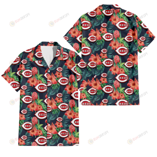 Cincinnati Reds Orange Hibiscus Green Tropical Leaf Dark Background 3D Hawaiian Shirt