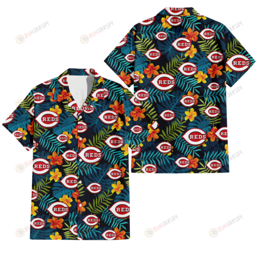 Cincinnati Reds Orange Yellow Green Leaf Black Background 3D Hawaiian Shirt